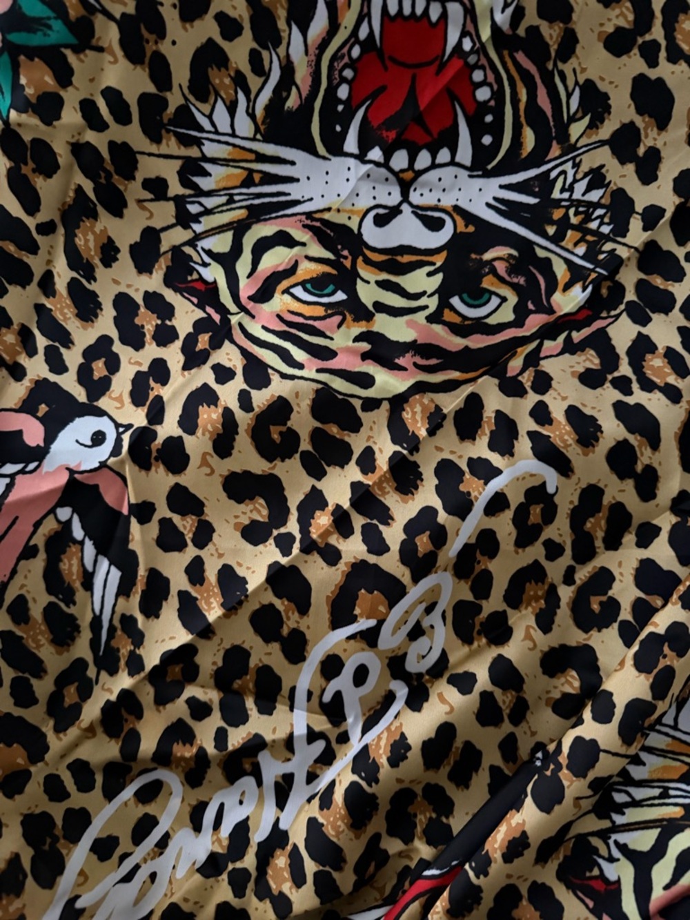 Ed Hardy Leopard & Tiger Print Scarf with Red, Black, Gold Accents